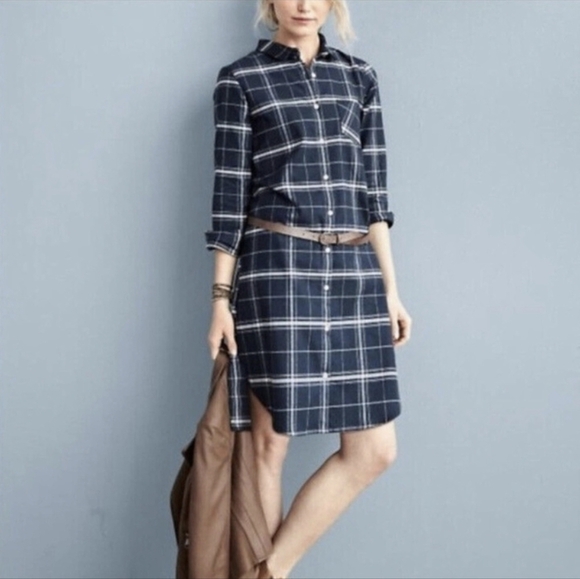 NWOT Garnet Hill Navy Blue Peruvian Cotton Plaid Midi Shirt Dress Size Large - Picture 2 of 9